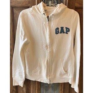 Women’s GAP Zip Up Hoodie Size Medium Oatmeal Cream Color Blue Logo Y2K GUC